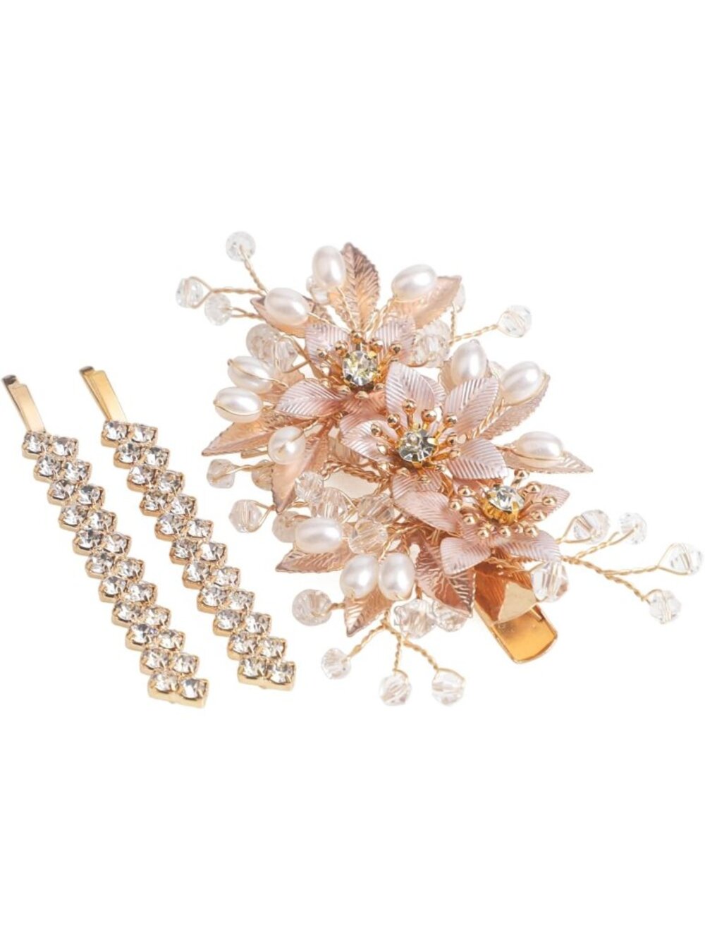 Elegant Floral Rhinestone Pearl Hair Clips Set of 3 for Weddings & Special